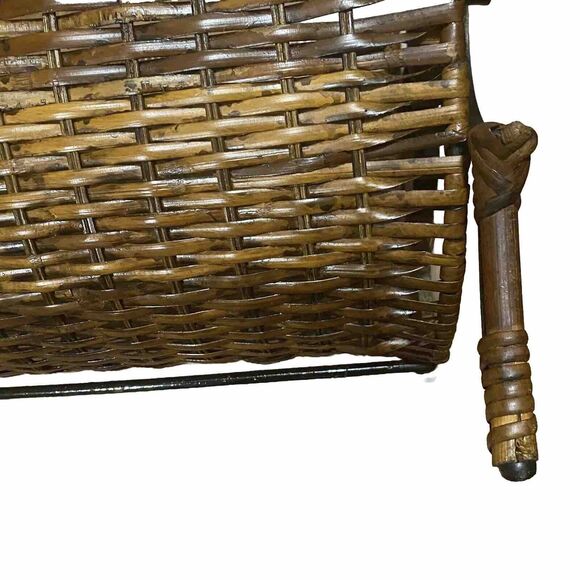 Wicker Rattan Bamboo Cane Wrought Iron Vintage Towel Magazine Rack MCM Bohemian - Picture 9 of 16